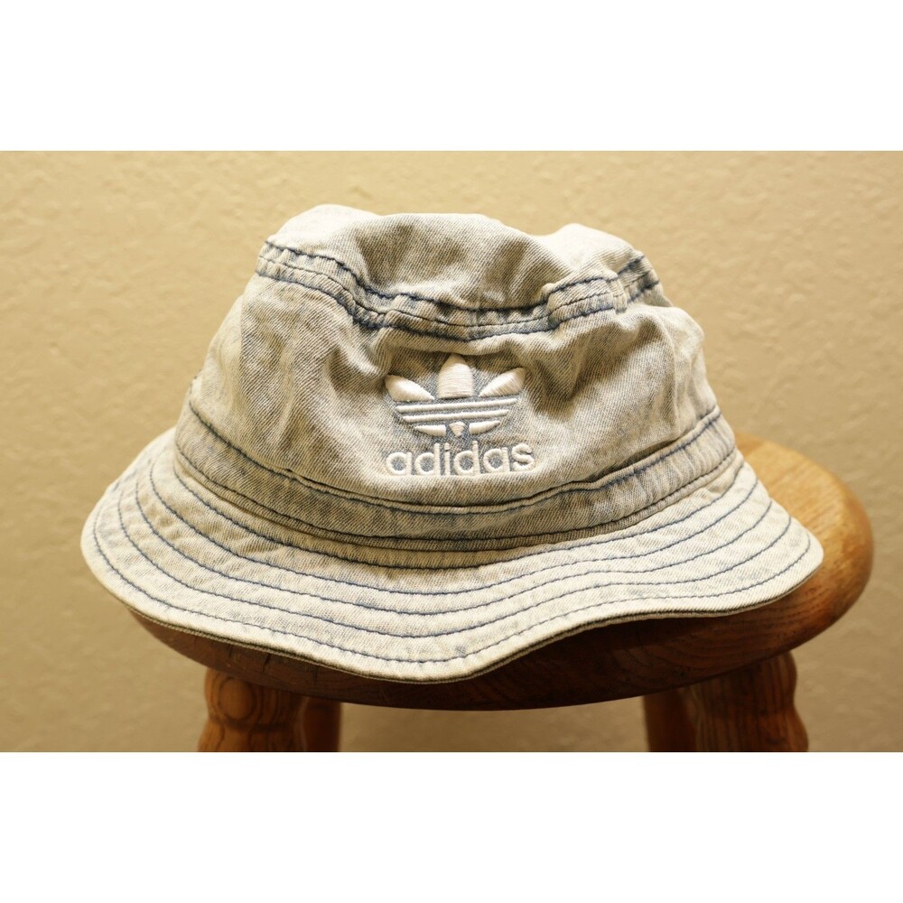 Adidas Originals Acid Wash Denim Bucket Hat OSFA Trefoil Logo Blue White Sun Cap